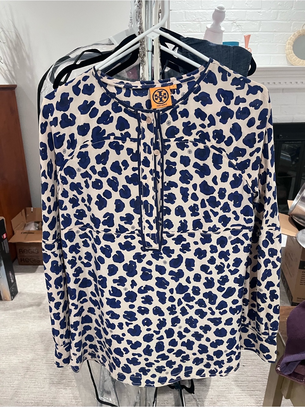 Tory Burch Cream Blouse with Navy Leopard Spots